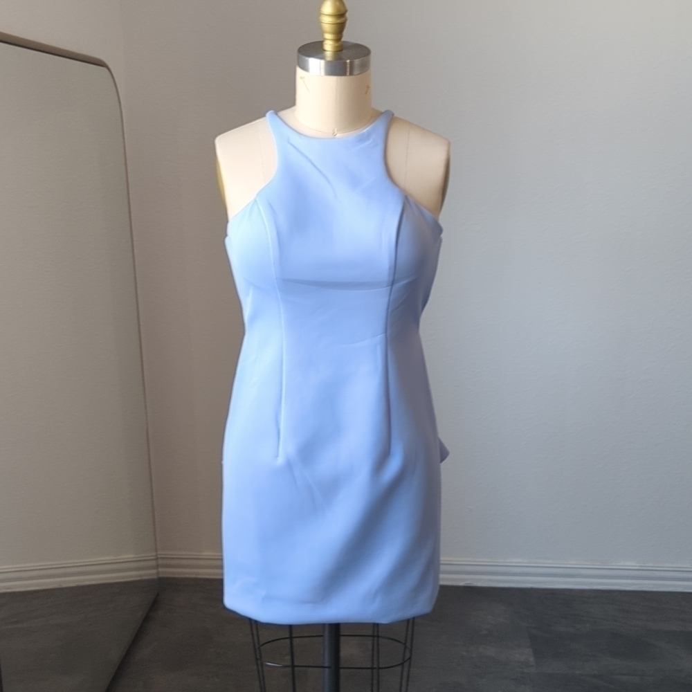 Jadore Evening Halter Open Back Mini Dress Light Blue Sz 12 Tie Ruffles